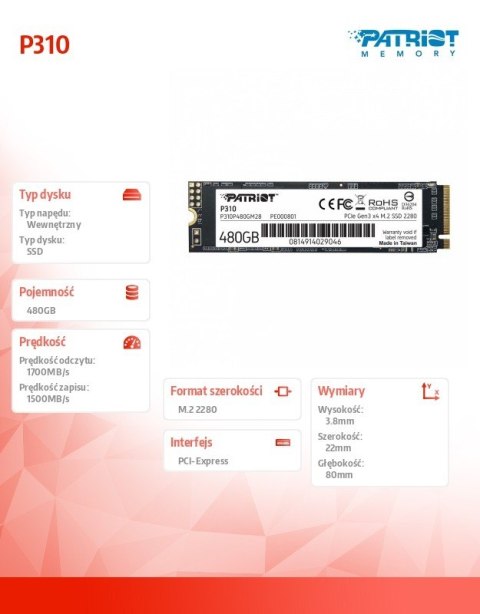 Dysk SSD P310 480GB M.2 2280 1700/1500 PCIe NVMe Gen3 x 4 Dysk SSD P310 480GB M.2 2280 1700/1500 PCIe NVMe Gen3 x 4