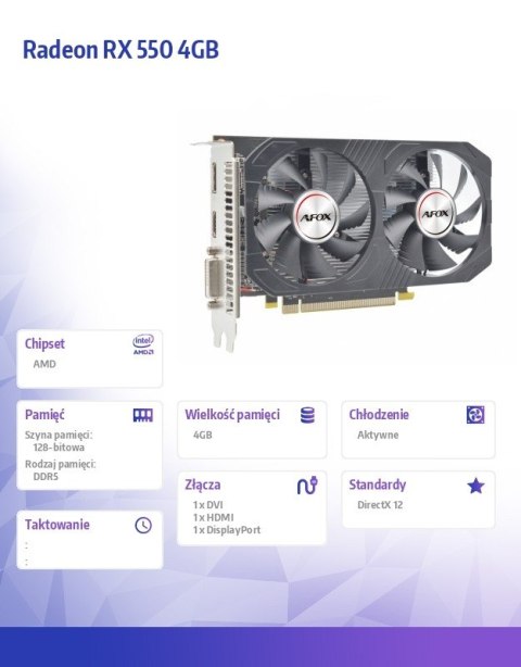 Karta graficzna Radeon RX 550 4GB GDDR5 128Bit DVI HDMI DP ATX Karta graficzna Radeon RX 550 4GB GDDR5 128Bit DVI HDMI DP ATX