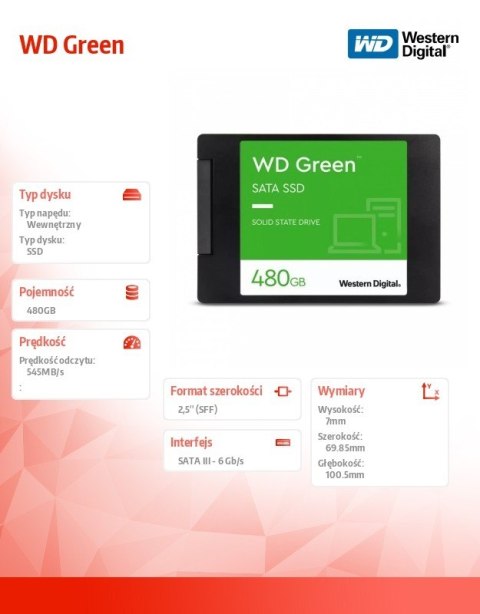 Dysk SSD WD Green 480GB SATA 2,5 cala WDS480G3G0A Dysk SSD WD Green 480GB SATA 2,5 cala WDS480G3G0A