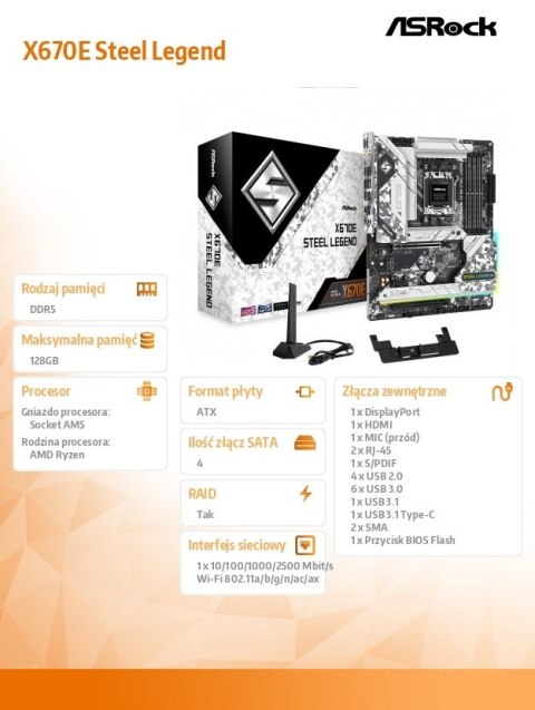 Płyta główna X670E STEEL LEGEND AM5 4DDR5 HDMI/DP M.2 EATX Płyta główna X670E STEEL LEGEND AM5 4DDR5 HDMI/DP M.2 EATX