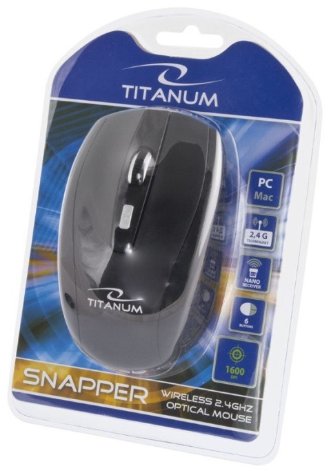 Mysz Titanum SNAPPER TM105K, Bezprzewodowa 2.4GHz, DPI 1000/1600, 6 przycisków, NANO odbiornik Mysz Titanum SNAPPER TM105K, Bezprzewodowa 2.4GHz, DPI 1000/1600, 6 przycisków, NANO odbiornik
