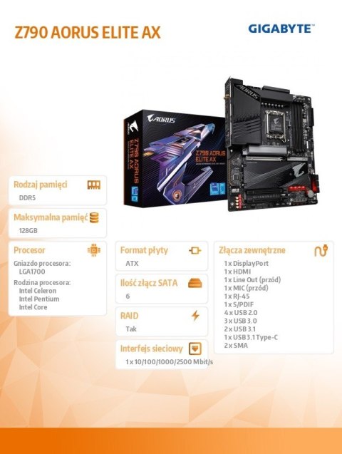 Płyta główna Z790 AORUS ELITE AX S1700 4DDR5 USB/DP ATX Płyta główna Z790 AORUS ELITE AX S1700 4DDR5 USB/DP ATX