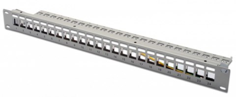 Panel krosowy (patch panel) modularny 19" 24 porty pod moduły keystone, 1U, ekranowany, prowadnica kabli, pola opisowe, szary