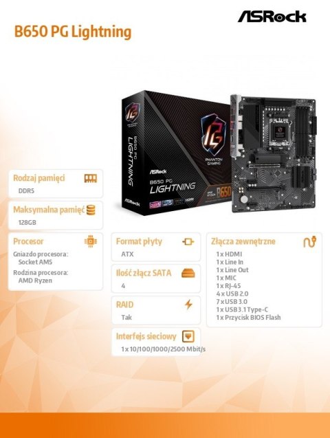 Płyta główna B650 PG LIGHTNING AM5 4DDR5 HDMI M.2 ATX Płyta główna B650 PG LIGHTNING AM5 4DDR5 HDMI M.2 ATX
