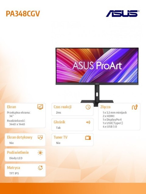 Monitor 34 cale PA348CGV ProArt IPS 21:9 QHD 120Hz HDMI DP USB-C USB-HUB GŁOŚNIK Monitor 34 cale PA348CGV ProArt IPS 21:9 QHD 120Hz HDMI DP USB-C USB-HUB GŁOŚNIK