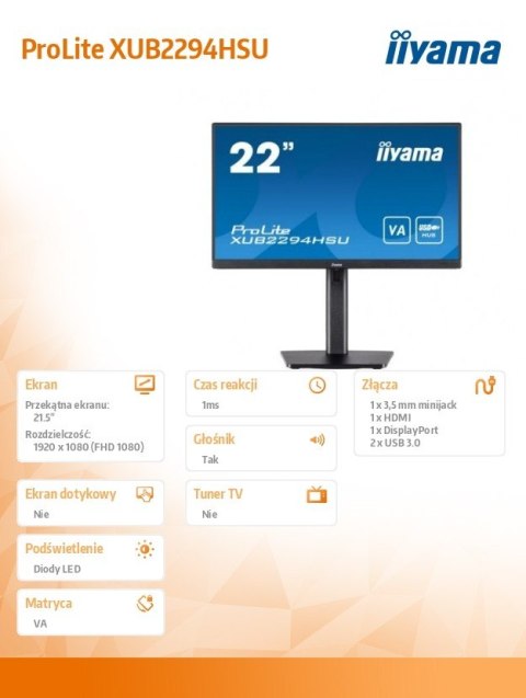Monitor 21.5 cala XUB2294HSU-B2 VA,FHD,HDMI,DP,USB3.0,VESA,2x2W Monitor 21.5 cala XUB2294HSU-B2 VA,FHD,HDMI,DP,USB3.0,VESA,2x2W