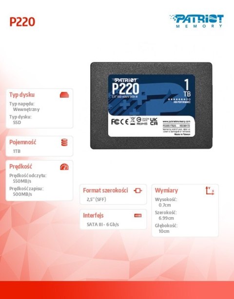 Dysk SSD 1TB P220 550/500MB/s SATA III 2.5 cala Dysk SSD 1TB P220 550/500MB/s SATA III 2.5 cala