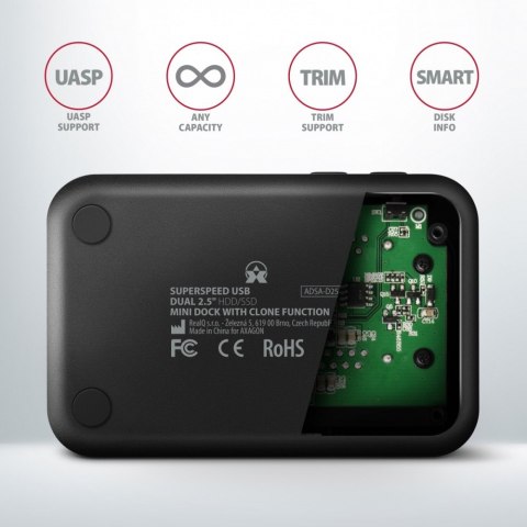 ADSA-D25 MINI stacja dokująca USB 3.2 Gen 1 - 2x SATA 6G 2.5" SSD/HDD CLONE ADSA-D25 MINI stacja dokująca USB 3.2 Gen 1 - 2x SATA 6G 2.5" SSD/HDD CLONE
