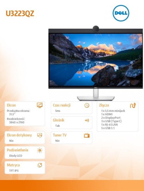 Monitor U3223QZ 31,5 cali IPS LED 4K 3840x2160/16:9/HDMI/2xDP/3xUSB-C/5xUSB/KVM/Kamera/Głośniki/Mikrofon/3Y AES&PPG Monitor U3223QZ 31,5 cali IPS LED 4K 3840x2160/16:9/HDMI/2xDP/3xUSB-C/5xUSB/KVM/Kamera/Głośniki/Mikrofon/3Y AES&PPG
