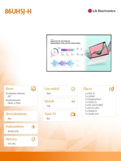Monitor 86 cali 86UH5J-H UHD IPS 500cd/m2 24/7 Monitor 86 cali 86UH5J-H UHD IPS 500cd/m2 24/7