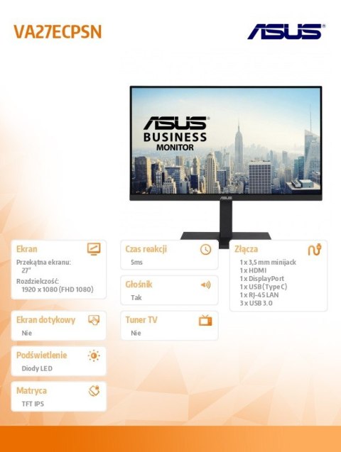 Monitor 27 cali VA27ECPSN DP, HDMI, TYPEC, 3XUSB, RJ45, GŁOŚNIKI Monitor 27 cali VA27ECPSN DP, HDMI, TYPEC, 3XUSB, RJ45, GŁOŚNIKI