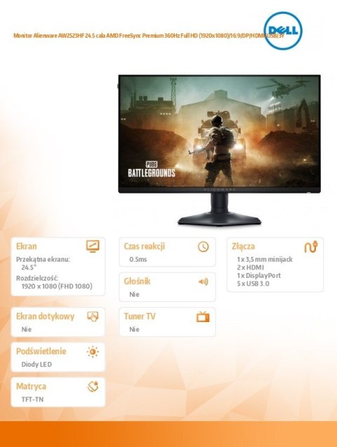 Monitor Alienware AW2523HF 24.5 cala AMD FreeSync Premium 360Hz Full HD (1920x1080)/16:9/DP/HDMI/USB/3Y Monitor Alienware AW2523HF 24.5 cala AMD FreeSync Premium 360Hz Full HD (1920x1080)/16:9/DP/HDMI/USB/3Y