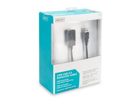 Kabel przedłużający USB 2.0 HighSpeed Typ USB A/USB A M/Ż aktywny, czarny 15m Kabel przedłużający USB 2.0 HighSpeed Typ USB A/USB A M/Ż aktywny, czarny 15m