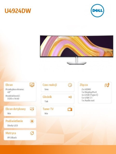 Monitor UltraSharp 49 cali U4924DW LED 5K 32:9 QHD/DP/HDMI/5xUSB Monitor UltraSharp 49 cali U4924DW LED 5K 32:9 QHD/DP/HDMI/5xUSB