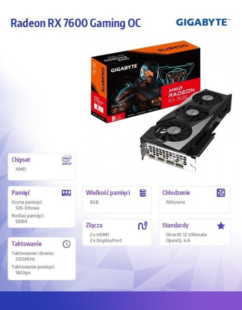 Karta graficzna Radeon RX 7600 Gaming OC 8G GDDR6 128bit 2DP/2HDMI Karta graficzna Radeon RX 7600 Gaming OC 8G GDDR6 128bit 2DP/2HDMI