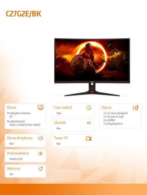 Monitor C27G2E 27 Curved VA 165Hz HDMIx2 DP Monitor C27G2E 27 Curved VA 165Hz HDMIx2 DP