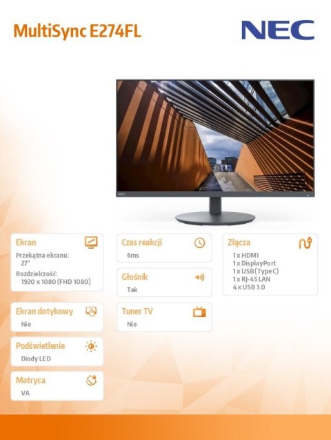 Monitor MultiSync E274FL 27 cali USB-C HDMI czarny Monitor MultiSync E274FL 27 cali USB-C HDMI czarny