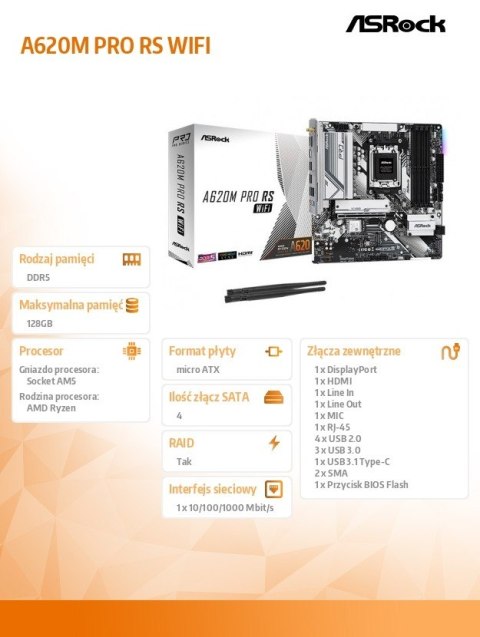 Płyta główna A620M PRO RS WIFI AM5 4DDR5 HDMI/DP M.2 mATX Płyta główna A620M PRO RS WIFI AM5 4DDR5 HDMI/DP M.2 mATX