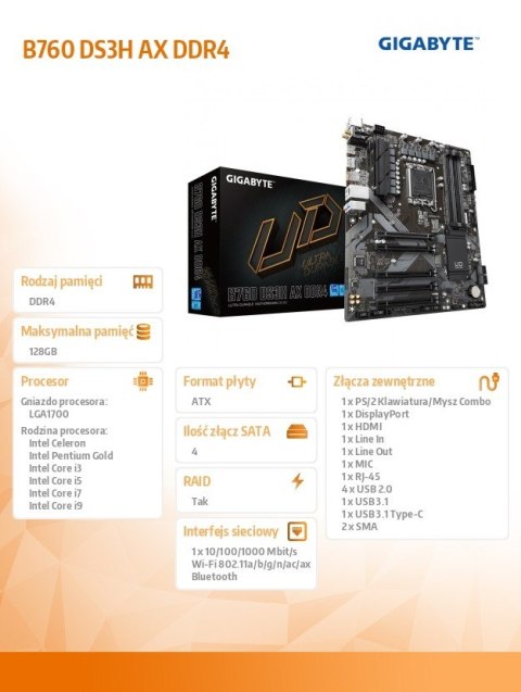 Płyta główna B760 DS3H AX DDR4 s1700 4DDR4 DP/HDMI ATX Płyta główna B760 DS3H AX DDR4 s1700 4DDR4 DP/HDMI ATX