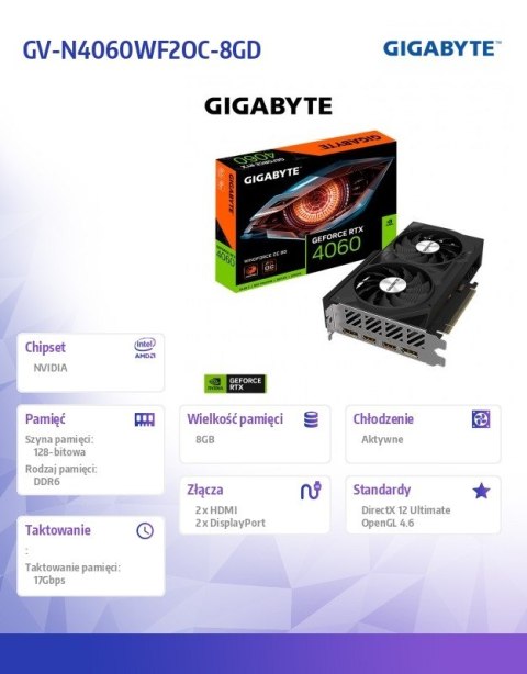 Karta graficzna GeForce RTX 4060 WINDFORCE OC 8G GDDR6 128bit 2DP Karta graficzna GeForce RTX 4060 WINDFORCE OC 8G GDDR6 128bit 2DP