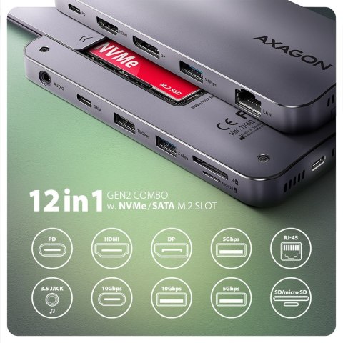 HMC-12GM2 Wieloportowy hub USB 12in1 + M.2 NVMe/SATA pozycja, 10Gbps, 3x USB-A, USB-C, HDMI 4K/60Hz, DP 4K/60Hz, GLAN, SD/microS HMC-12GM2 Wieloportowy hub USB 12in1 + M.2 NVMe/SATA pozycja, 10Gbps, 3x USB-A, USB-C, HDMI 4K/60Hz, DP 4K/60Hz, GLAN, SD/microS