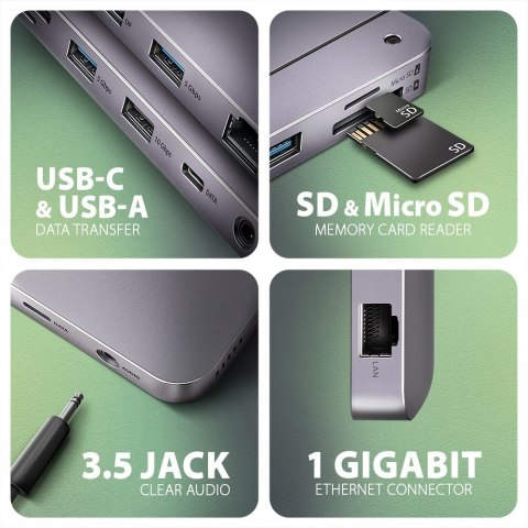 HMC-12GM2 Wieloportowy hub USB 12in1 + M.2 NVMe/SATA pozycja, 10Gbps, 3x USB-A, USB-C, HDMI 4K/60Hz, DP 4K/60Hz, GLAN, SD/microS HMC-12GM2 Wieloportowy hub USB 12in1 + M.2 NVMe/SATA pozycja, 10Gbps, 3x USB-A, USB-C, HDMI 4K/60Hz, DP 4K/60Hz, GLAN, SD/microS