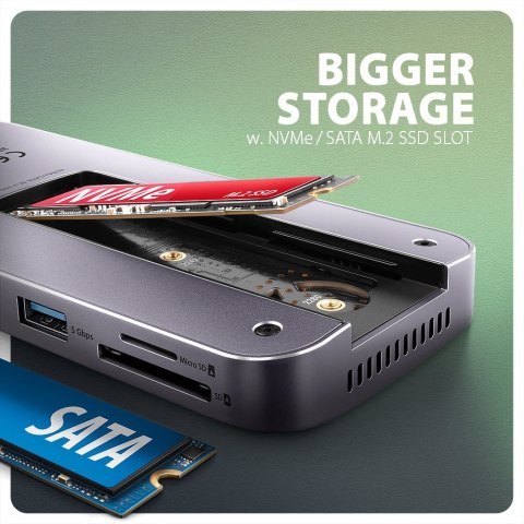 HMC-12GM2 Wieloportowy hub USB 12in1 + M.2 NVMe/SATA pozycja, 10Gbps, 3x USB-A, USB-C, HDMI 4K/60Hz, DP 4K/60Hz, GLAN, SD/microS HMC-12GM2 Wieloportowy hub USB 12in1 + M.2 NVMe/SATA pozycja, 10Gbps, 3x USB-A, USB-C, HDMI 4K/60Hz, DP 4K/60Hz, GLAN, SD/microS