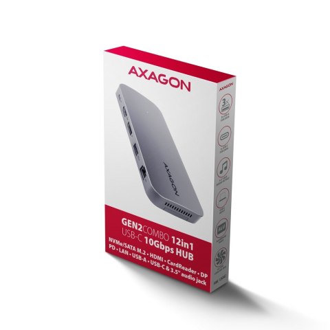 HMC-12GM2 Wieloportowy hub USB 12in1 + M.2 NVMe/SATA pozycja, 10Gbps, 3x USB-A, USB-C, HDMI 4K/60Hz, DP 4K/60Hz, GLAN, SD/microS HMC-12GM2 Wieloportowy hub USB 12in1 + M.2 NVMe/SATA pozycja, 10Gbps, 3x USB-A, USB-C, HDMI 4K/60Hz, DP 4K/60Hz, GLAN, SD/microS