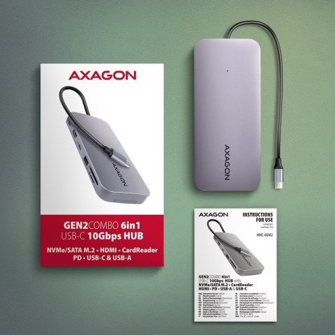 HMC-6GM2 Wieloportovy hub USB 6in1, 10Gbps, USB-A, USB-C, HDMI 4K/60Hz, M.2 NVMe/SATA, SD/microSD, PD 100W, 20cm USB-C kabel HMC-6GM2 Wieloportovy hub USB 6in1, 10Gbps, USB-A, USB-C, HDMI 4K/60Hz, M.2 NVMe/SATA, SD/microSD, PD 100W, 20cm USB-C kabel