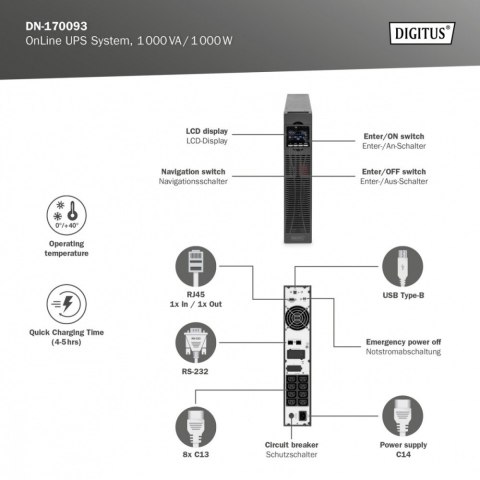 Zasilacz awaryjny UPS Online Rack 19" LCD, 1000VA/1000W, 2x12V/9Ah, 8xC13, USB, RS232, RJ45 Zasilacz awaryjny UPS Online Rack 19" LCD, 1000VA/1000W, 2x12V/9Ah, 8xC13, USB, RS232, RJ45