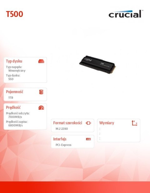 Dysk T500 1TB M.2 NVMe 2280 PCIe 4.0 7300/6800 Dysk T500 1TB M.2 NVMe 2280 PCIe 4.0 7300/6800