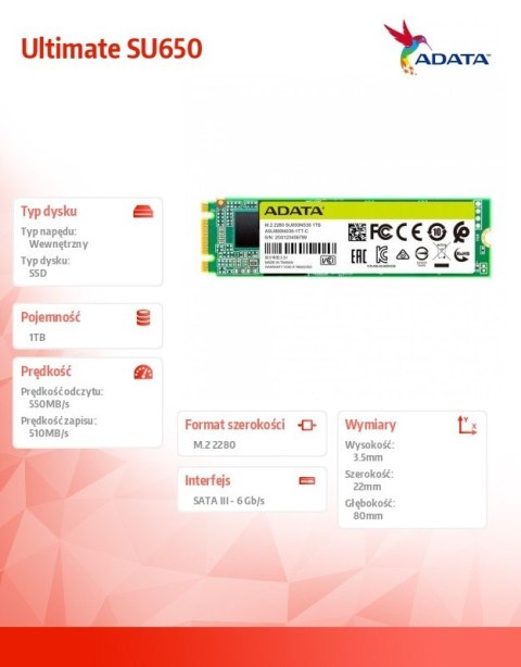 Dysk SSD Ultimate SU650 1TB M.2 2280 TLC 3D SATA Dysk SSD Ultimate SU650 1TB M.2 2280 TLC 3D SATA