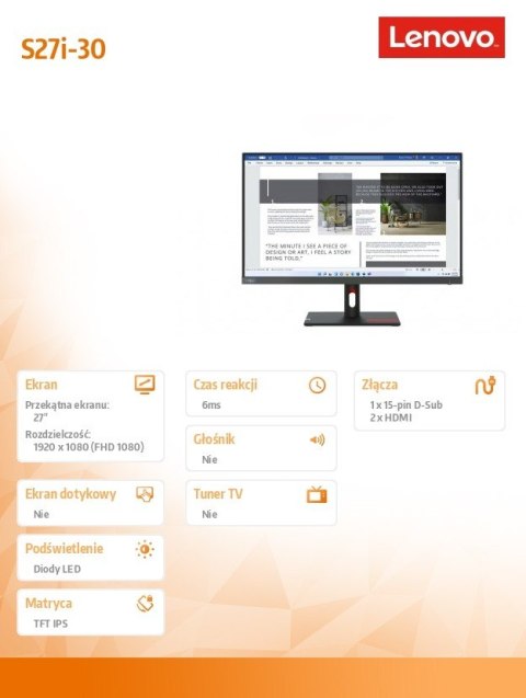 Monitor ThinkVision S27i-30 27 cali 63DFKAT4EU Monitor ThinkVision S27i-30 27 cali 63DFKAT4EU