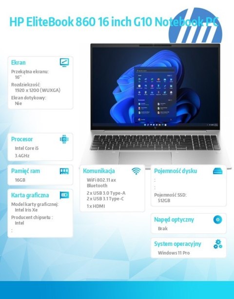 Notebook EliteBook 860 G10 i5-1335U 512/16G/W11P/16 81A13EA Notebook EliteBook 860 G10 i5-1335U 512/16G/W11P/16 81A13EA