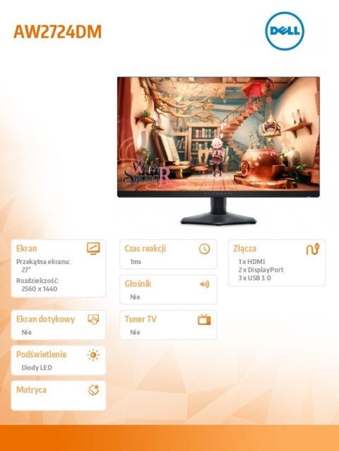 Monitor Alienware AW2724DM 27 cali LED 2560x1440/HDMI/DP/USB/3Y Monitor Alienware AW2724DM 27 cali LED 2560x1440/HDMI/DP/USB/3Y
