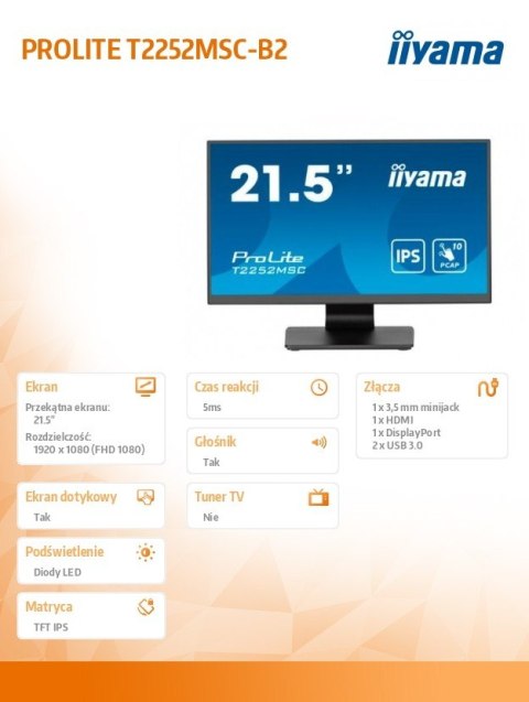 Monitor 22 cale T2252MSC-B2 10 PKT. POJ,IPS,HDMI,DP,2x1W,7H Monitor 22 cale T2252MSC-B2 10 PKT. POJ,IPS,HDMI,DP,2x1W,7H