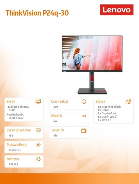 Monitor 23.8 cala ThinkVision P24q-30 WLED LCD 63B4GAT6EU Monitor 23.8 cala ThinkVision P24q-30 WLED LCD 63B4GAT6EU