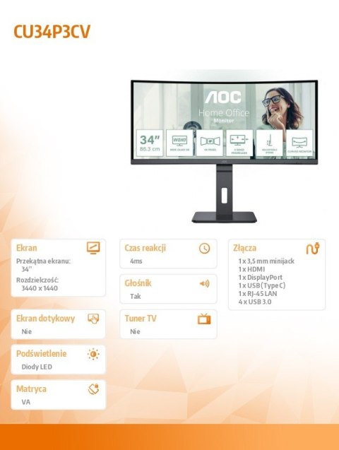 Monitor CU34P3CV 34 cale 100Hz Curved VA HDMI DP RJ45 USB-C