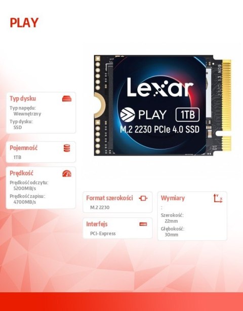Dysk SSD PLAY 1TB PCIe4.0 2230 5200/4700MB/s Dysk SSD PLAY 1TB PCIe4.0 2230 5200/4700MB/s
