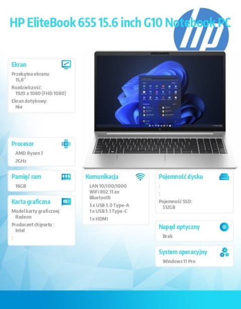 Notebook EliteBook 655 G10 R7-7730U 512GB/16GB/W11P/15.6 85D52EA Notebook EliteBook 655 G10 R7-7730U 512GB/16GB/W11P/15.6 85D52EA