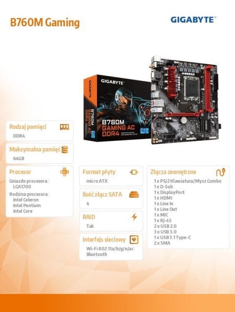 Płyta główna B760M Gaming AC DDR4 s1700 2DDR4 DP/HDMI mATX Płyta główna B760M Gaming AC DDR4 s1700 2DDR4 DP/HDMI mATX