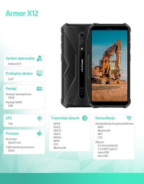 Smartfon Armor X12 4G 3/32GB IP69K czarny z ładowarką Smartfon Armor X12 4G 3/32GB IP69K czarny z ładowarką