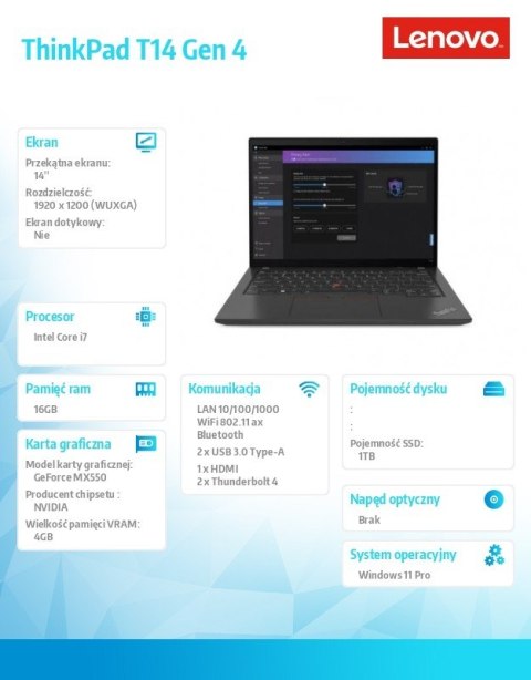 Ultrabook ThinkPad T14 G4 21HD009YPB W11Pro i7-1360P/16GB/1TB/MX550 4GB/14.0 WUXGA/Thunder Balck/3YRS Premier Support + CO2 Offs Ultrabook ThinkPad T14 G4 21HD009YPB W11Pro i7-1360P/16GB/1TB/MX550 4GB/14.0 WUXGA/Thunder Balck/3YRS Premier Support + CO2 Offs