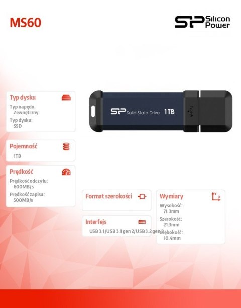 Dysk zewnętrzny SSD MS60 1TB USB 3.2 600/500MB/s Dysk zewnętrzny SSD MS60 1TB USB 3.2 600/500MB/s