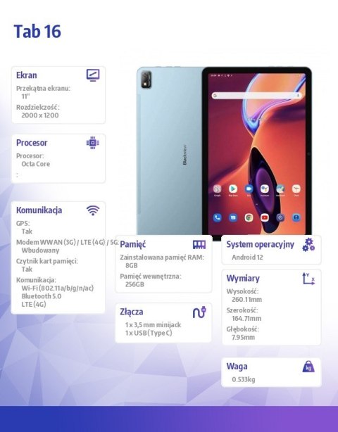 Tablet TAB16 8/256GB 7680 mAh 11 cali niebieski Tablet TAB16 8/256GB 7680 mAh 11 cali niebieski