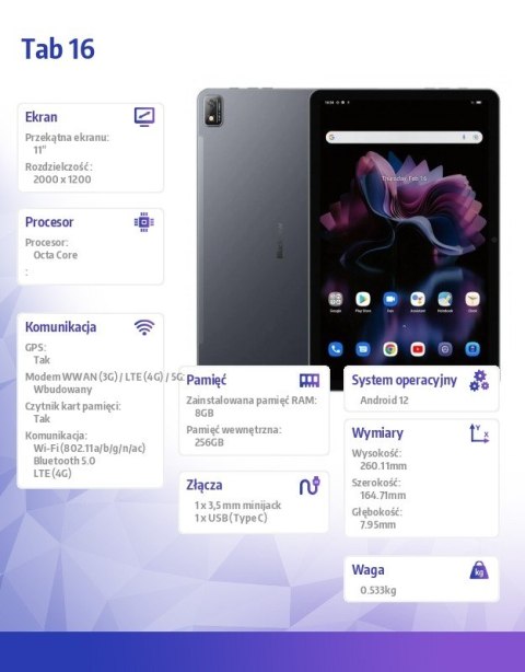 Tablet TAB16 8/256GB 7680 mAh 11 cali szary Tablet TAB16 8/256GB 7680 mAh 11 cali szary