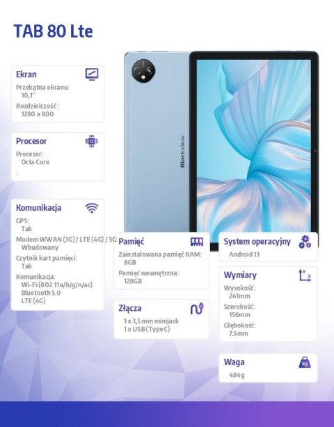 Tablet TAB 80 LTE 8/128GB 7680 mAh 10,1 cala niebieski Tablet TAB 80 LTE 8/128GB 7680 mAh 10,1 cala niebieski