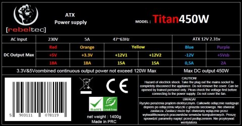 Zasilacz uniwersalny komputerowy ATX ver. 2.31 TITAN 450 Zasilacz uniwersalny komputerowy ATX ver. 2.31 TITAN 450