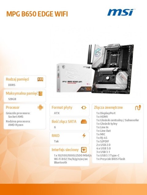 Płyta główna MPG B650 EDGE WIFI AM5 4DDR5 HDMI/DP ATX Płyta główna MPG B650 EDGE WIFI AM5 4DDR5 HDMI/DP ATX