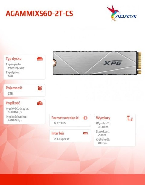 Dysk SSD XPG S60BLADE 2TB PCIe 4x4 5/4.2GB/s M2 Dysk SSD XPG S60BLADE 2TB PCIe 4x4 5/4.2GB/s M2